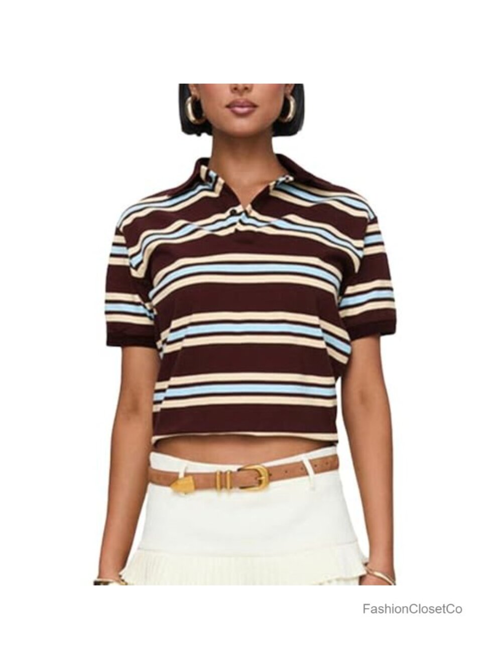 Y2K Striped V Neck Crop Polo Shirt Short Sleeve Fitted Preppy Top